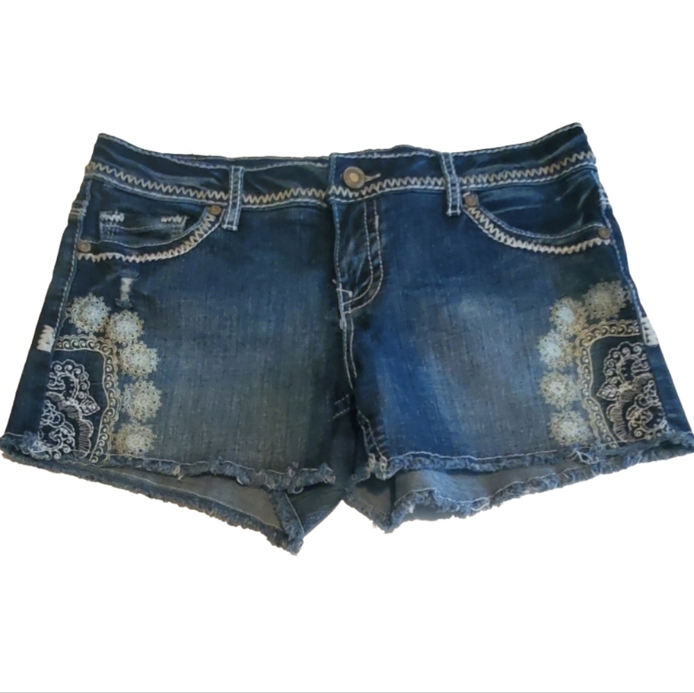 Maurices Blue Denim Embroidered Jean Shorts